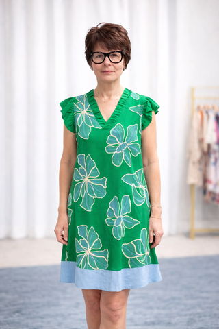 Luisa Ruffled V-Neck Floral Embroidered Shift Dress-Dresses & RompersLuisa Ruffled V-Neck Floral Embroidered Shift Dress | VerClare Boutique | Jenison MI-Beautiful embroidered floral print featuring a ruffled v-neck, flutter sleeves, large embroidered flowers and a solid contrast banded hem. It is designed with a straight, relaxed silhouette. Free US shipping from VerClare Boutique on eligible orders.-VerClare Boutique